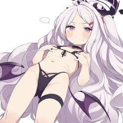 Rule 34 | 1girl, bikini, black bikini, black halo, blue archive, blush, breasts, demon girl, demon horns, demon wings, embarrassed, gamuo, gluteal fold, groin, halo, hands on own chest, hina (blue archive), horns, long hair, low wings, navel, pink eyes, small breasts, solo, stomach, swimsuit, thigh strap, thighs, very long hair, white hair, wings