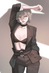 Rule 34 | 1girl, absurdres, arm up, belt, black belt, black bra, black jacket, black pants, black suit, bra, breasts, cleavage, commentary, english commentary, formal clothes, grey hair, hair between eyes, hand in pocket, highres, jacket, lipstick, looking at viewer, makeup, medium breasts, no shirt, ori dal, original, pants, parted lips, red lips, short hair, solo, suit, underwear, yellow eyes