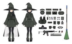 Rule 34 | 1girl, absurdres, ammunition pouch, badge, broom, can, candy, canteen, combat knife, energy drink, equipment layout, explosive, fingerless gloves, food, gloves, goggles, grenade, gun, hat, highres, jacket, karepack, knife, load bearing vest, long sleeves, military jacket, military operator, pouch, red bull, rifle, shirt, short hair, simple background, snack, walkie-talkie, weapon, white background, witch hat