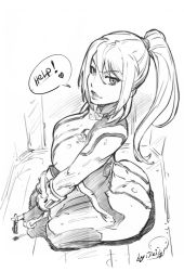 1girl ass bdsm bondage bound female_focus full_body greyscale heart highres kneeling lips md5_mismatch metroid monochrome nintendo ponytail reiq resized resolution_mismatch samus_aran signature sketch solo spoken_heart upscaled wrist_cuffs zero_suit