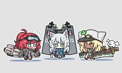 Rule 34 | + +, 3girls, :d, animal ears, arknights, black survival, blonde hair, cat ears, cat girl, cat tail, chibi, chibi only, closed mouth, clover hat ornament, commentary, dark-skinned female, dark skin, eternal return: black survival, goggles, goggles on head, green eyes, grey background, guilty gear, hat, highres, justyna (black survival), korean commentary, malrangdonut, multiple girls, no mouth, notice lines, open mouth, outline, peaked cap, ponytail, ramlethal valentine, red hair, rosmontis (arknights), simple background, smile, tail, white outline