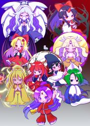 Rule 34 | 1boy, 6+girls, angel wings, black hair, blonde hair, chibi, closed eyes, elis (touhou), flag print, forehead jewel, full body, ghost tail, gohei, green hair, grey hair, hakurei reimu, hakurei reimu (pc-98), headband, highly responsive to prayers, highres, japanese clothes, japanese flag, japanese flag print, kikuri (touhou), kimono, konngara (touhou), long hair, mima (touhou), multiple girls, open mouth, pants, pointy ears, purple hair, red hair, red kimono, red pants, sariel (touhou), shingyoku (female), shingyoku (male), shingyoku (touhou), short hair, smirk, standing, touhou, touhou (pc-98), very long hair, white headband, wings, yuugenmagan