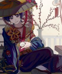 1boy alternate_costume belt black_pants blue_kimono blunt_ends bow bright_pupils choko_(cup) collarbone cup earrings eyeliner eyeshadow feathers flower genshin_impact gold grey_hat guang_ying_ying_ying_ying_ying hat hat_flower highres holding holding_cup japanese_clothes jewelry jingasa kimono layered_clothes layered_kimono leaning_to_the_side looking_at_viewer makeup male_focus off_shoulder pants parted_bangs parted_lips plant purple_eyes purple_flower purple_hair red_eyeliner red_eyeshadow red_flower red_rope red_trim rope scaramouche_(genshin_impact) short_sleeves socks solo spiral vase white_pupils white_socks white_trim yellow_belt yellow_bow yellow_kimono