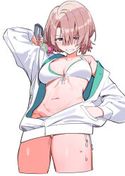 1girl absurdres arimura_mao arm_up armpit_crease bikini blue_eyes breasts cleavage cowboy_shot gakuen_idolmaster groin hand_in_pocket haruyuki_(gffewuoutgblubh) highres holding holding_water_gun idolmaster jacket long_sleeves looking_at_viewer medium_breasts navel open_mouth pink_hair short_hair simple_background smile solo standing swimsuit water_gun wet wet_hair white_background white_bikini white_jacket