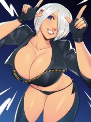 1girl angel_(kof) arms_up bend bent_over blue_eyes breasts cleavage female_focus gloves highres huge_breasts jacket large_breasts leather pale_skin panties short_hair skullworms smile smiley_face standing the_king_of_fighters thick_thighs thighs underwear white_hair wide_hips