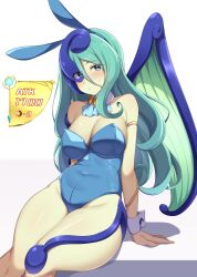 1girl absurdres bare_shoulders blue_hair blue_leotard breasts cleavage colored_skin duel_monster green_eyes green_hair green_wings highres leotard mujin_(mujinzairaisen) playboy_bunny simple_background sitting solo sonata_the_melodious_diva strapless strapless_leotard white_background wings yellow_skin yu-gi-oh! yu-gi-oh!_arc-v