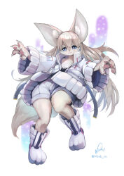 1girl animal_ear_fluff animal_ears blonde_hair blue_eyes body_fur boots brown_fur claws commentary_request fennec_fox fox_ears fox_girl fox_tail full_body furry furry_female highres jacket long_hair looking_at_viewer minksama original shorts tail very_long_hair white_footwear white_jacket white_shorts