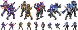 5boys bodysuit helmet hideomi hidewomi holding holding_sword holding_weapon kamen_rider kamen_rider_drake kamen_rider_gatack kamen_rider_kabuto kamen_rider_kabuto_(series) kamen_rider_sasword kamen_rider_thebee multiple_boys muscular pixel_art simple_background skindentation spread_legs standing sword weapon white_background