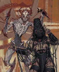 Rule 34 | 1girl, 1other, black eyes, bone devil (d&amp;d), brown sclera, chain, chain devil (d&amp;d), chained, colored sclera, colored skin, covered face, cowboy shot, dark-skinned female, dark nipples, dark skin, dungeons &amp; dragons, emaciated, face piercing, fingernails, groin, highres, holding, holding needle, insect wings, lullindo, monster, needle, nipple chain, nipples, piercing, red sclera, scales, scar, scar on arm, scar on chest, scar on face, scar on thighs, shade, sharp fingernails, sharp teeth, smile, teeth, thumbs up, turban, v, white skin, wings, yellow eyes