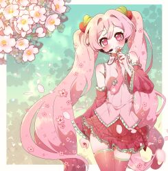 1girl blush border cherry_blossoms detached_sleeves eyelashes hareeangkki hatsune_miku headset highres long_hair necktie pink_eyes pink_hair pink_necktie sakura_miku solo thighhighs tie_clip twintails very_long_hair vocaloid white_border