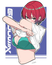 1girl amate_yuzuriha bambi_surprise blue_background bra breasts commentary copyright_name cropped_torso green_bra green_eyes gundam gundam_gquuuuuux highres looking_at_viewer medium_breasts navel red_hair shirt short_hair short_sleeves signature solo two-tone_background underwear undressing upper_body white_background white_shirt
