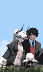 1boy 3girls absurdres black_cloak blue_sky body_markings breasts cloak crossed_bangs demon_girl demon_horns ear_piercing fate/grand_order fate_(series) fujimaru_ritsuka_(male) fujimaru_ritsuka_(male)_(mage&#039;s_association_uniform) green_eyes grey_hair highres horns lilith_(fate) lilith_(second_ascension)_(fate) long_hair long_sleeves multiple_girls navel open_mouth paperpillar piercing pointy_ears short_hair sky smile stomach_tattoo tattoo twintails