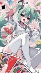 1girl aqua_hair black_eyes blush blush_stickers card collared_shirt drooling fang green_hair hair_between_eyes hair_ornament hatsune_miku highres holding long_hair long_sleeves looking_at_viewer mimukauwa_nice_try_(vocaloid) mouth_drool open_mouth playing_card pov shirt sitting skin_fang smile solo_focus thighhighs twintails uno_(game) urara_31_e very_long_hair vocaloid white_shirt white_thighhighs