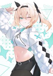 1girl absurdres aqua_eyes arm_up belt black_pantyhose black_skirt blonde_hair blush closed_mouth commentary_request crop_top cropped_hoodie hair_ribbon hand_up highres hololive hood hood_down hoodie jewelry kazama_iroha kazama_iroha_(pop_dance) long_hair long_sleeves looking_at_viewer midriff miniskirt navel necklace official_alternate_costume one_eye_closed pantyhose puffy_long_sleeves puffy_sleeves ribbon ru_airasuto shirt simple_background skirt sleeves_past_wrists smile solo star_(symbol) stomach twintails undershirt v-shaped_eyebrows virtual_youtuber white_hoodie white_shirt
