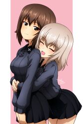 2girls absurdres anime_coloring artist_name bent_over black_skirt blush breasts brown_eyes brown_hair closed_mouth commentary dated dress_shirt emblem eyelashes girls_und_panzer grey_hair grey_shirt hair_between_eyes hands_on_another&#039;s_stomach hands_on_another&#039;s_waist hands_on_lap highres hug hug_from_behind insignia itsumi_erika kd_esler kuromorimine_school_uniform leaning_forward light_blush light_smile long_sleeves looking_back looking_to_the_side medium_breasts medium_hair miniskirt multiple_girls nishizumi_maho nuzzle open_mouth own_hands_together parted_lips pink_background pleated_skirt school_uniform shirt short_hair signature simple_background skirt smile standing thighs two-tone_background wing_collar yuri