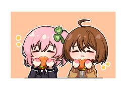 Rule 34 | 2girls, :t, = =, ahoge, assault lily, black ribbon, blush, border, brown cardigan, brown hair, burger, buttons, cardigan, chibi, closed eyes, closed mouth, clover hair ornament, commentary, eating, facing viewer, flower symbol, food, food bite, four-leaf clover hair ornament, hair between eyes, hair ornament, hitotsuyanagi riri, holding, holding food, juliet sleeves, kawamura yuzuriha, long sleeves, multiple girls, neck ribbon, odaiba girls high school uniform, open cardigan, open clothes, orange background, pink hair, puffy sleeves, ribbon, school uniform, shirt, short hair, simple background, upper body, white border, white shirt, yui (yui1115 ), yurigaoka girls academy school uniform