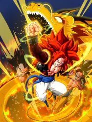 Rule 34 | 3boys, aura, blue eyes, brown fur, dragon ball, dragon ball gt, dragon fist, dragon fist (dragon ball), flying, gogeta, multiple boys, muscular, muscular male, punching, red hair, son goku, super saiyan, super saiyan 4, tail, vegeta