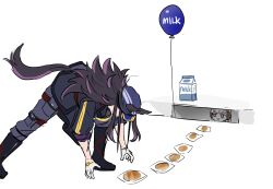 2girls animal_ears anpan balloon bent_over black_boots black_coat black_hair blue_hat boots bread carton coat commentary ears_through_headwear fenomeno_(umamusume) flipped_hair food gloves gold_ship_(umamusume) grey_hair hat headgear highres horse_ears horse_girl horse_tail it_(stephen_king) jitome long_hair long_sleeves meme milk_carton multicolored_hair multiple_girls multiple_views pants pennywise_in_the_sewer_(meme) pink_eyes purple_hair purple_hat reaching sleeves_rolled_up solo_focus streaked_hair tail umamusume unseuking0427 white_gloves