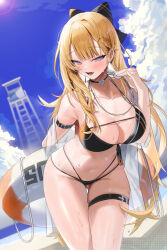 Rule 34 | 1girl, absurdres, bare shoulders, belt, blonde hair, blush, braid, breasts, choker, cleavage, collarbone, french braid, gluteal fold, highres, holding, holding whistle, large breasts, lifeguard, long hair, looking at viewer, original, outdoors, rima (0136), solo, sweat, swimsuit, thigh belt, thigh strap, very long hair, whistle, whistle around neck