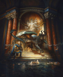 1boy absurdres arch architecture armor candle chain chimera creature feathered_wings greco-roman_architecture highres holding holding_polearm holding_sword holding_weapon justin_gerard knight original pillar polearm spear stairs statue sword tile_floor tiles weapon wings