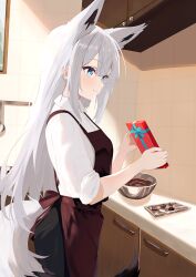 1girl absurdres alternate_costume animal_ears apron azur_lane back_bow black_apron black_pants blue_bow blue_eyes blue_ribbon bow box box_of_chocolates breasts candy chocolate chocolate_heart chocolate_making collared_shirt commentary_request cowboy_shot cupboard extra_ears food fox_ears fox_girl fox_tail from_side gift gift_box gift_wrapping heart heart-shaped_food highres holding holding_gift indoors kawakaze_(azur_lane) kitchen ladle long_hair medium_breasts mixing_bowl natsuki_(natsu_1936) pants picture_frame red_bow ribbon shirt sidelocks sleeves_rolled_up smile solo sunlight tail tile_wall tiles tray valentine very_long_hair white_hair white_shirt white_tail