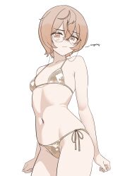 1girl absurdres bare_shoulders bikini breasts brown_eyes brown_hair clio_aite flat_chest glasses gold_bikini highres lab_dark midriff navel phase_connect scar scar_across_eye scar_on_face short_hair side-tie_bikini_bottom small_breasts stomach swimsuit thighs virtual_youtuber