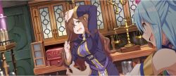 2girls ahoge aqua_(konosuba) arm_up blue_eyes blue_hair blush bottle breasts brown_eyes brown_hair cabinet cowering dot_nose dutch_angle game_cg glass_bottle hair_over_one_eye highres indoors kono_subarashii_sekai_ni_shukufuku_wo! konosuba!_fantastic_days large_breasts long_hair long_sleeves multiple_girls official_art open_mouth purple_robe robe rope scared shelf smile third-party_source weighing_scale wiz_(konosuba)