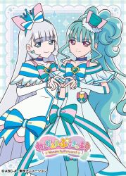 Rule 34 | 2girls, aqua border, aqua bow, aqua bowtie, aqua brooch, aqua hair, aqua hat, aqua sleeves, aqua thighhighs, artist request, bare shoulders, blue background, blue bow, blue bowtie, blue brooch, blue choker, blue crown, blue eyes, blue hairband, blue sleeves, blunt bangs, blunt ends, border, bow, bow legwear, bowtie, brooch, brown eyes, choker, closed mouth, clothing cutout, collarbone, copyright name, copyright notice, cowboy shot, crown, crown earrings, cure lillian, cure nyammy, dot nose, dress, dress bow, earrings, eyelashes, feather-trimmed sleeves, frilled arm warmers, frilled headwear, grey hair, grid background, hair bow, hairband, happy, hat, heart, heart brooch, heart hands, heart hands duo, high side ponytail, jewelry, large bow, lips, logo, long dress, long hair, magical girl, messy hair, mini crown, mini hat, mini top hat, multiple earrings, multiple girls, nekoyashiki mayu, nekoyashiki yuki, official art, outside border, pale skin, pink bow, pink lips, plaid border, precure, short dress, short sleeves, shoulder cutout, sidelocks, single stripe, smile, sparkle, sphere earrings, standing, straight hair, striped bow, striped bowtie, striped clothes, striped sleeves, thighhighs, third-party source, top hat, very long hair, white arm warmers, white bow, white dress, wonderful precure!