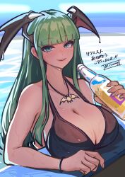 Rule 34 | 1girl, absurdres, ap cammy, bat necklace, blunt bangs, bottle, breasts, cleavage, green eyes, green hair, head wings, highres, hime cut, holding, holding bottle, jewelry, large breasts, looking at viewer, morrigan aensland, necklace, pool, smile, solo, upper body, darkstalkers, wings