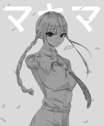 1girl arm_up blunt_bangs braid breasts chainsaw_man choppy_bangs collared_shirt cowboy_shot demon demon_girl floating_hair grey_background grey_hair hair_between_eyes hair_over_shoulder hectorrambito highres light_smile makima_(chainsaw_man) medium_breasts ponytail shirt shirt_tucked_in sidelocks simple_background single_braid smile solo translation_request upper_body