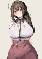 Rule 34 | 1girl, absurdres, ahoge, blush, braid, breasts, brown eyes, brown hair, buttons, carskey1120, collared shirt, commentary, contrast collar, cowboy shot, double-breasted, double-parted bangs, hair intakes, hashtag-only commentary, highres, idolmaster, idolmaster shiny colors, kuwayama chiyuki, large breasts, long hair, parted lips, red skirt, shirt, short sleeves, sidelocks, single braid, skirt, solo, sweatdrop, white shirt