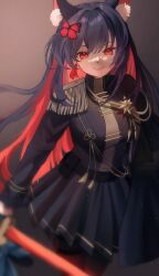 1girl absurdres aiguillette animal_ear_fluff animal_ears black_hair black_jacket black_skirt bug butterfly butterfly_hair_ornament closed_mouth colored_inner_hair earrings epaulettes hair_ornament highres holding holding_weapon insect jacket jewelry mofumanju multicolored_hair original red_eyes red_hair skirt twilight_(winteryuukionna) weapon