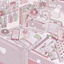 absurdly_detailed_composition alarm_clock book bookmark cake_print calendar_(object) cellphone charm_(object) cherry_print clock commentary cup desk desk_lamp earbuds earphones eraser food food_print fruit_print glasses hand_fan heart heart_print highres key lamp nekomaru0817 notebook original pastel_colors pen phone round_eyewear ruler scissors smartphone stapler stuffed_animal stuffed_toy sweets symbol-only_commentary teddy_bear unworn_eyewear