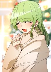 Rule 34 | 1girl, absurdres, blush, breath, christmas, christmas tree, coat, commentary request, green hair, highres, long hair, long sleeves, looking at viewer, morinaka kazaki, nijisanji, shirt, smile, solo, squinting, tsuukon (tukonn), virtual youtuber, winter clothes, winter coat