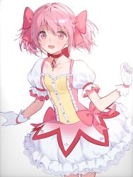 1girl :d bow bow_choker breasts bubble_skirt choker commentary_request cowboy_shot frilled_sleeves frills gloves hair_ribbon highres kaname_madoka kaname_madoka_(magical_girl) looking_at_viewer magical_girl mahou_shoujo_madoka_magica open_mouth pink_eyes pink_hair pink_ribbon puffy_short_sleeves puffy_sleeves red_choker ribbon short_hair short_sleeves short_twintails simple_background skirt small_breasts smile solo soul_gem twintails white_background white_gloves yumeme_818