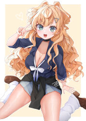 1girl absurdres black_choker blonde_hair blue_shirt breasts brown_shoes choker cleavage clothes_around_waist collared_shirt dated green_eyes gyaru hair_ornament heart highres kantai_collection leg_warmers loafers long_hair looking_at_viewer makina00 minneapolis_(kancolle) open_mouth shirt shoes signature skirt sleeves_rolled_up solo two_side_up v wavy_hair