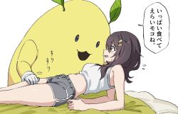 1girl bare_shoulders black_shorts blush brown_hair dolphin_shorts flying_sweatdrops from_side green_eyes hair_ornament hairclip lying midriff momomatang navel on_back open_mouth original short_shorts shorts sleeveless speech_bubble stuffed_toy white_background