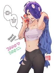 1girl artist_logo artist_name bare_arms black_pants blue_shawl breasts chest_sarashi cleavage collarbone commentary earrings english_commentary english_text eyeliner flying-frappuccino hair_over_one_eye highres holding_shawl jewelry logo looking_at_viewer makeup medium_breasts medium_hair navel nintendo octoling one_eye_covered open_mouth pants pointy_ears purple_hair red_eyeliner red_eyes sarashi see-through_clothes see-through_shawl shawl shiver_(deep_cut_outfit)_(splatoon) shiver_(splatoon) solo speech_bubble splatoon_(series) splatoon_3 standing stomach suction_cups tentacle_hair tooth_earrings twitter_strip_game_(meme)