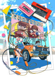 2girls amazona billboard blue_neckerchief blue_shorts blue_sky braid brand_name_imitation brown_hair cable car cassette_tape character_name closed_mouth commentary denim denim_shorts edoya_inuhachi green_eyes headphones honda honda_civic kanda_momo leaning_against_vehicle looking_at_viewer motor_vehicle multiple_girls neckerchief one_eye_closed orange_car outdoors palm_tree photo_(object) pink_sailor_collar pink_shoes ponytail sailor_collar sailor_shirt school_uniform shadow shirt shirt_tucked_in shoes short_sleeves shorts single_braid sky smile sneakers socks sony standing sunglasses tree walkman white_shirt white_socks wonder_momo