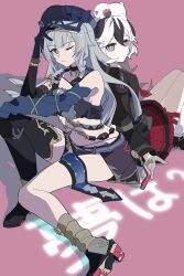 2girls animal animal_on_head back-to-back black_gloves black_hair black_jacket black_shirt black_shorts black_skirt black_thighhighs boots braid breasts choker closed_mouth coralie_6626_planck coralie_6626_planck_(puppy_patrol) coralie_6626_planck_(valkyrie_blastmetal) detached_sleeves dual_persona elbow_gloves erdos_helia erdos_helia_(salted_plum) erdos_helia_(valkyrie_boltstorm) gloves grey_eyes grey_hair hair_between_eyes hat high_heels highres holding honkai_(series) honkai_impact_3rd jacket long_hair long_sleeves looking_at_viewer midriff multicolored_hair multiple_girls navel non-web_source on_head one_eye_closed red_eyes red_skirt shirt shoes shorts single_thighhigh sitting skirt smile socks streaked_hair thigh_strap thighhighs two-tone_hair very_long_hair white_hair yorumata0v0