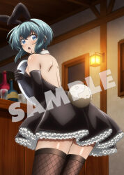 1girl :o animal_ear_hairband animal_ears anime_coloring back blue_eyes blue_hair blush breasts counter cowboy_shot cup curly_sidelocks fake_animal_ears fishnet_pantyhose fishnets gloves hairband highres holding holding_tray indoors lamp leaning_forward leotard looking_at_viewer looking_back miniskirt mizuno_yumiko narsena night open_mouth pantyhose party_kara_tsuihousareta_sono_chiyushi_jitsu_wa_saikyou_ni_tsuki playboy_bunny rabbit_ear_hairband rabbit_ears rabbit_tail sample_watermark skirt solo standing tail tareme thighs tray watermark