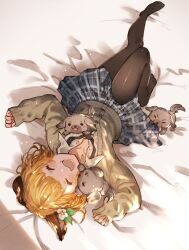 1girl animal_ears ayacho blonde_hair dog fang granblue_fantasy lying medium_hair on_back on_bed pantyhose plaid_clothes plaid_skirt skin_fang skirt sleeves_past_wrists smile solo vajra_(granblue_fantasy)