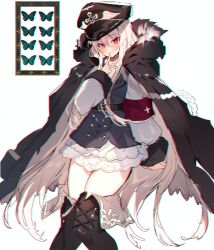1girl absurdres armband belt black_belt black_boots boots bug butterfly chromatic_aberration closed_mouth cross finger_to_mouth fur_trim girls&#039;_frontline hat heavy_chromatic_aberration highres insect iron_cross jacket jacket_on_shoulders kar98k_(girls&#039;_frontline) long_hair looking_at_viewer military_hat nazi picture_frame red_armband red_eyes sidelocks simple_background sitting solo soukou_makura thigh_boots very_long_hair white_background white_hair