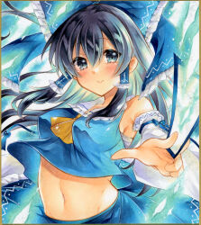 1girl alternate_color ascot bare_shoulders black_hair blue_bow blue_eyes blue_shirt blue_skirt bow breasts chest_sarashi closed_mouth commentary_request crop_top detached_sleeves frilled_bow frilled_hair_tubes frills groin hair_bow hair_tubes hakurei_reimu happy highres holding_ofuda impossible_clothes long_hair long_sleeves looking_at_viewer marker_(medium) midriff navel official_alternate_costume player_2 sarashi shirt sidelocks skirt sleeveless sleeveless_shirt small_breasts smile solo stomach takadono318 touhou traditional_media very_long_hair white_sleeves wide_sleeves yellow_ascot