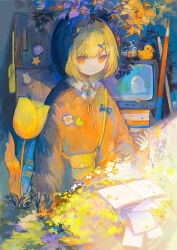 Rule 34 | 1girl, absurdres, blonde hair, book, closed mouth, collared shirt, colorful, commentary request, expressionless, flower, highres, indoors, irodori warabi, jar, leaf, long sleeves, neck ribbon, open book, orange eyes, orange sweater, original, pencil, ribbon, rubber duck, shirt, short hair, solo, sweater, tulip, upper body, white shirt, yellow bag, yellow flower