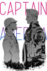 Rule 34 | 2boys, absurdres, artist name, avengers: endgame, avengers (series), belt, blue eyes, bodysuit, buttons, captain america, captain america: the first avenger, captain america (series), character name, closed mouth, collared jacket, commentary, dual persona, english commentary, greyscale, helmet, highres, holding, holding shield, jacket, long sleeves, looking at another, male focus, marvel, marvel cinematic universe, military uniform, monochrome, multiple boys, pocket, shield, short hair, simple background, smile, standing, star (symbol), steve rogers, striped, superhero costume, toy (toy084)