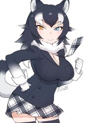 1girl absurdres animal_ears black_hair blue_eyes blush breasts cleavage fur_collar gloves grey_wolf_(kemono_friends) heterochromia highres kemono_friends large_breasts long_hair long_sleeves looking_at_viewer masuyama_ryou multicolored_hair necktie skirt smile solo tail thighhighs two-tone_hair white_hair wolf_ears wolf_girl wolf_tail yellow_eyes zettai_ryouiki