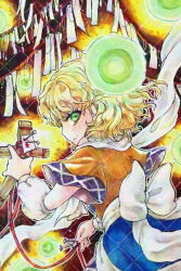 Rule 34 | 1girl, arm warmers, back bow, blonde hair, bow, brown shirt, closed mouth, commentary request, danmaku, from behind, green eyes, highres, looking at viewer, looking back, marker (medium), mizuhashi parsee, nail (hardware), papapapappa123, pointy ears, sash, scarf, shirt, short hair, short sleeves, smile, solo, straw doll, talisman, touhou, traditional media, upper body, watermark, watermark grid, wavy hair, white bow, white sash, white scarf
