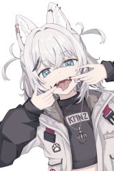 1girl absurdres animal_ears black_sweater blue_eyes chain chain_necklace dog_ears ear_piercing earclip fang finger_in_own_mouth hand_up heart highres jacket jewelry kmnz long_sleeves looking_at_viewer medium_hair mouth_pull multicolored_hair necklace no_name_ver1 open_mouth paw_print piercing print_sweater solo streaked_hair sweater teeth tina_(kmnz) tongue tongue_out turtleneck turtleneck_sweater two_side_up upper_body virtual_youtuber white_background white_hair white_jacket