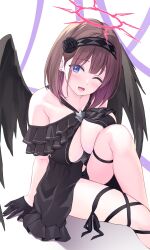 1girl ;d angel_wings arm_support babydoll black_babydoll black_dress black_gloves black_hairband black_panties black_ribbon black_wings blue_eyes blush breasts brown_hair clothing_cutout collarbone cross cross_earrings dress earrings fallen_angel feathered_wings flower frilled_babydoll gloves hair_flower hair_ornament hairband half_gloves halo highres jewelry large_breasts leg_ribbon leg_up one_eye_closed open_mouth original panties pasdar red_halo ribbon short_hair sitting smile solo thigh_ribbon thigh_strap unaligned_breasts underboob underboob_cutout underwear wings
